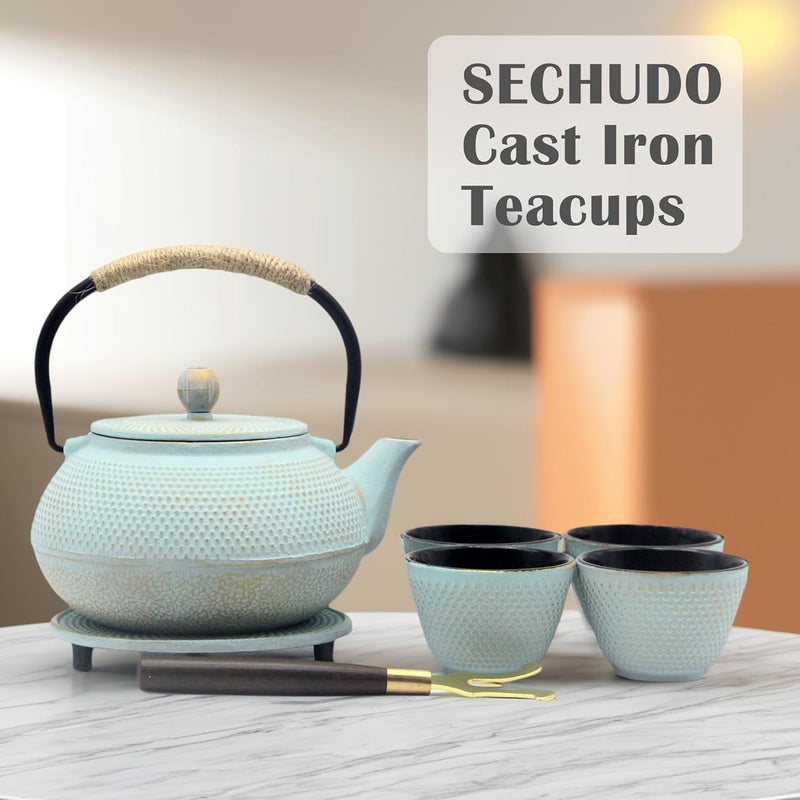 SECHUDO أكواب شاي يابانية من الحديد الزهر صغيرة وثقيلة بدون مقابض أكواب على الطراز الياباني للبالغين أكواب شاي آسيوية مطلية بداخل مينا 4 قطع صندوق أزرق فاتح 2 أونصة 60 مل - Image 4