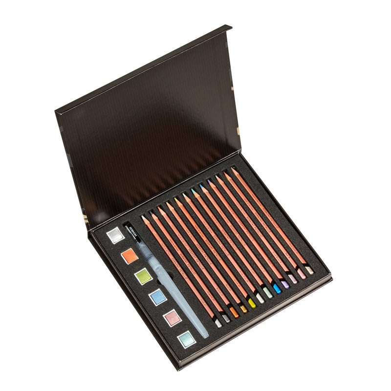 Derwent Metallic Mixed Media Set in a Gift Box, Includes 6 Metallic Paint Pans, 12 Metallic Pencils and a Waterbrush, Professional Quality, 2305948, Multicolour - Image 2