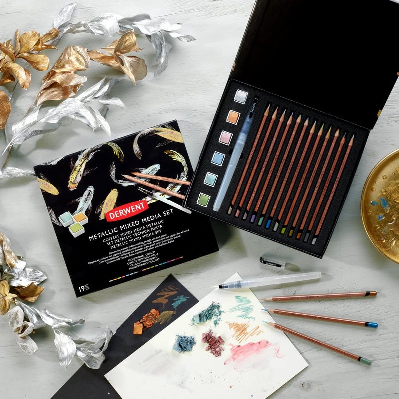 Derwent Metallic Mixed Media Set in a Gift Box, Includes 6 Metallic Paint Pans, 12 Metallic Pencils and a Waterbrush, Professional Quality, 2305948, Multicolour - Image 4