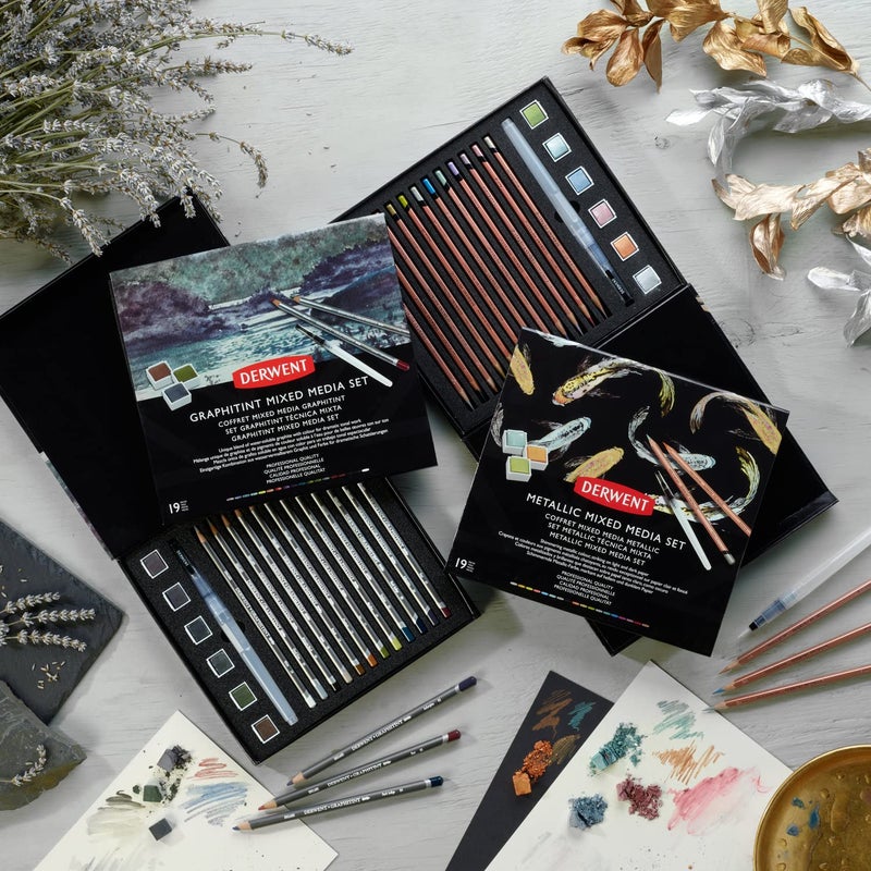 Derwent Metallic Mixed Media Set in a Gift Box, Includes 6 Metallic Paint Pans, 12 Metallic Pencils and a Waterbrush, Professional Quality, 2305948, Multicolour - Image 3