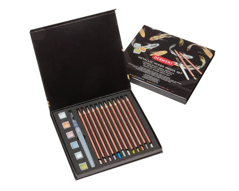 Derwent Metallic Mixed Media Set in a Gift Box, Includes 6 Metallic Paint Pans, 12 Metallic Pencils and a Waterbrush, Professional Quality, 2305948, Multicolour - Image 1