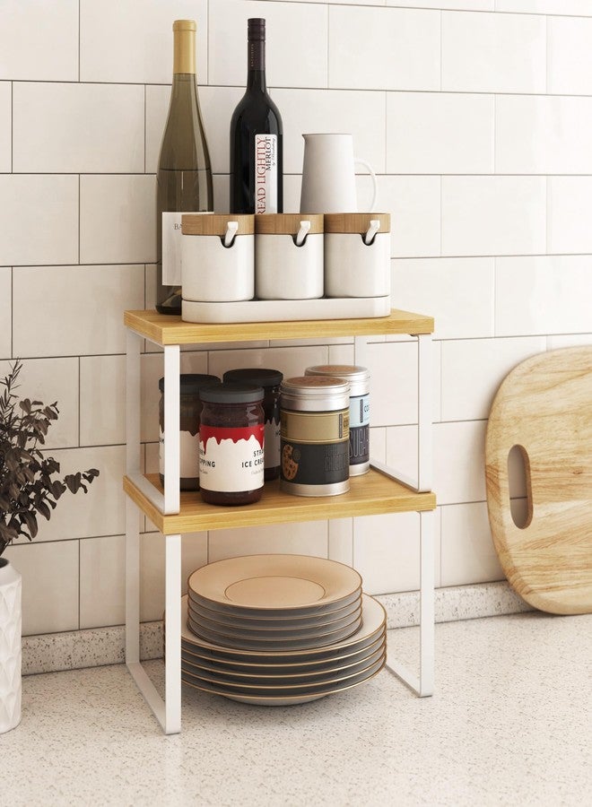Selefrecos Kitchen Cabinet Organizer Set of 4, Cabinet Organizer Shelf Kitchen Counter Shelves, White+Bamboo - Image 4