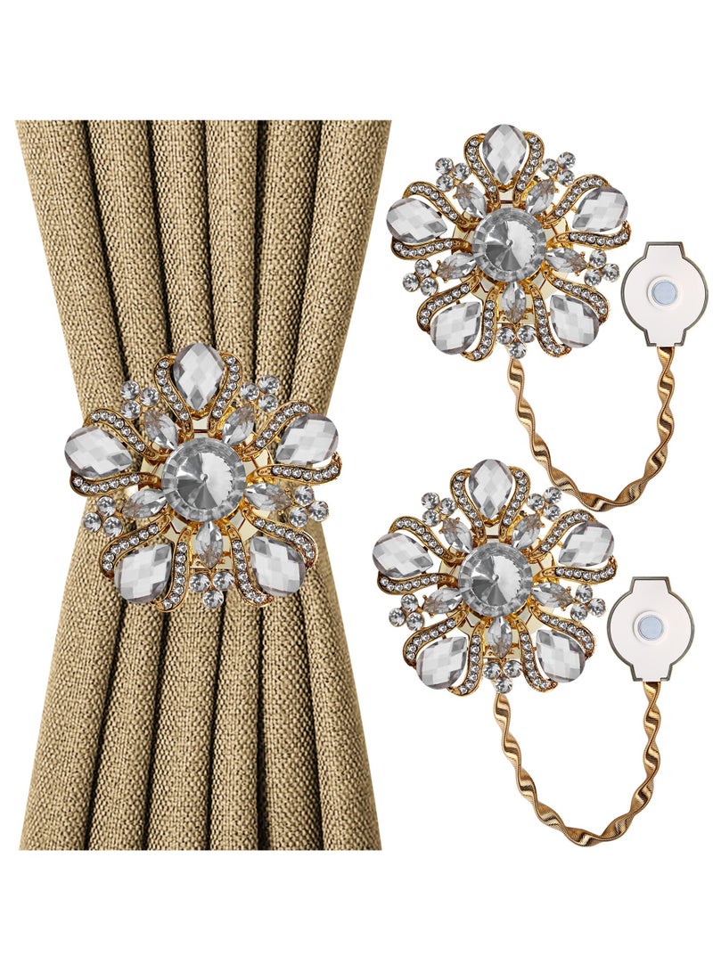 SOLARAE 2 Pcs Curtain Tiebacks, Luxury Crystal Curtain Tieback, Magnetic Curtain Holdback with High-elastic Spring Wire for Living Room, Bedroom, Office (Gold) - Image 1