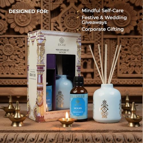 EKAM 2025–26 Festive Fragrance Gift Set | Reed Diffuser Set| Mogra | Inspired by Stone Palace | Flameless Alternative | Perfect for Festivals, Celebrations, Gifting, Wedding, Home Décor - Image 3