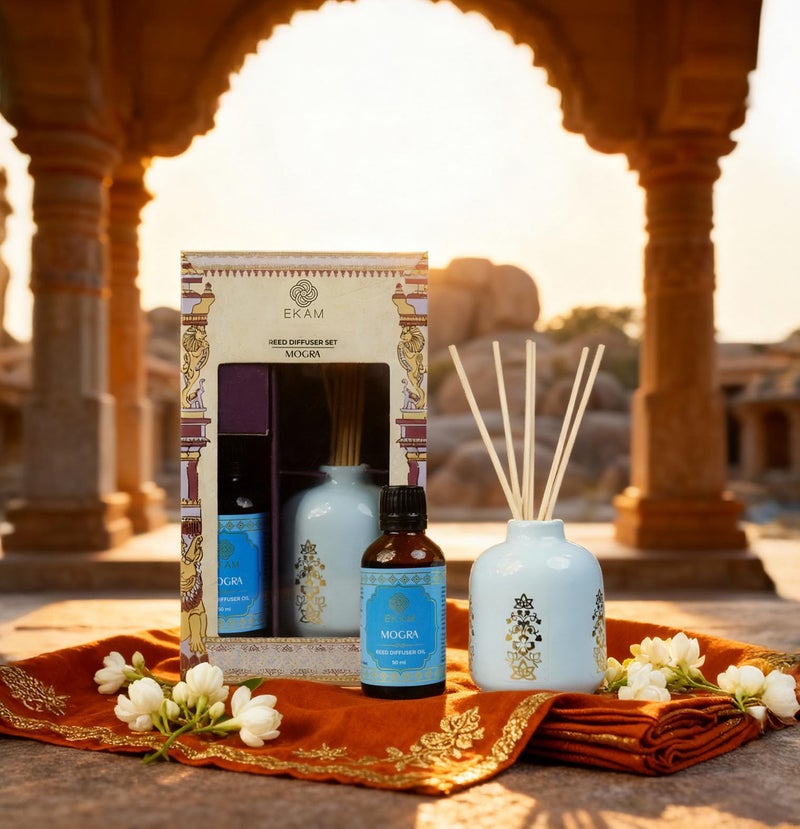 EKAM 2025–26 Festive Fragrance Gift Set | Reed Diffuser Set| Mogra | Inspired by Stone Palace | Flameless Alternative | Perfect for Festivals, Celebrations, Gifting, Wedding, Home Décor - Image 1