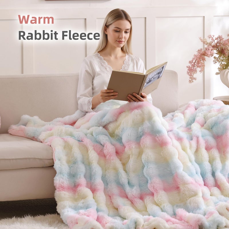 Smoofy Faux Fur Throw Blanket for Couch â€“ Rainbow Fluffy Cozy Rabbit Fleece, Plush Soft Bubble Blanket for Sofa & Bed, for Mom, Warm Fuzzy Home Room Decor Throw 50" x 60" - Image 5