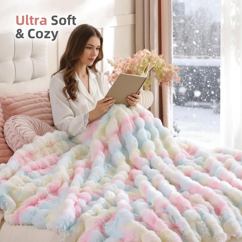 Smoofy Faux Fur Throw Blanket for Couch â€“ Rainbow Fluffy Cozy Rabbit Fleece, Plush Soft Bubble Blanket for Sofa & Bed, for Mom, Warm Fuzzy Home Room Decor Throw 50" x 60" - Image 4