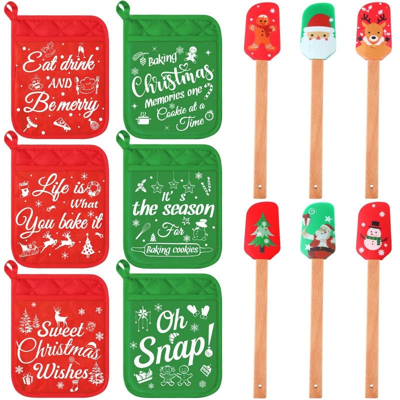 Yaomiao 12 Pcs Christmas Pot Holders with Silicone Spatula Set Silicone Spatula Set with Wooden Handles Pot Holders for Kitchen Christmas Kitchen Utensils Christmas Baking Gifts for Xmas Cute