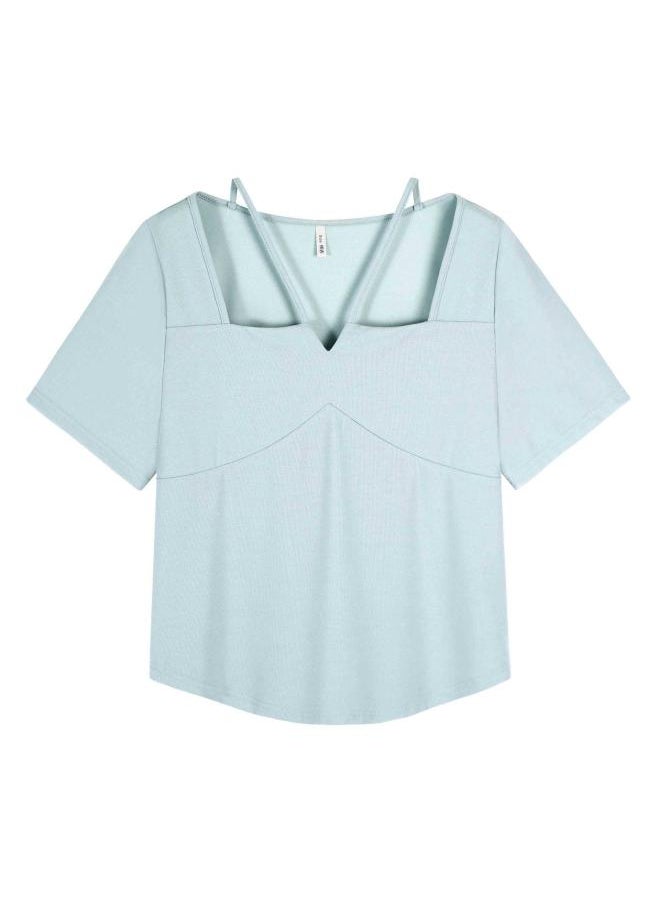 Generic - Short Sweet And Spicy Style Halter Square Collar T-shirt Women's Summer Chubby Girl Plus Size Shoulder Solid Color Slimming Top 63028 - Image 1