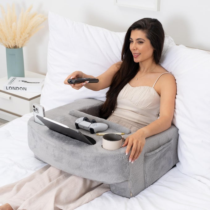 READING PILLOW FOR GAMING EXTRA LARGE LAP DESK ARM REST WITH CUP PHONE HOLDER ADJUSTABLE HEIGHTS LAPTOP SUPPORT LARGE POCKETS COMFORTABLE FOR WORK GAMING CROCHETING FURRY GREY