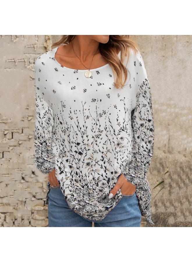 Autumn And Winter New Round Neck Loose Print Flower Print Long Sleeve Top T-shirt Women's Wear 