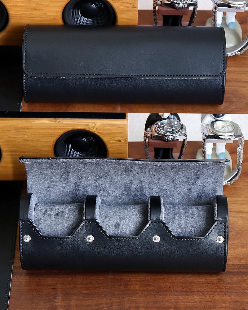 Besforu watch box organizer for mens watch case travel roll Portable 3 Watch Display Storage with Velvet Sections to Holder Large Watch (Black) - Image 5
