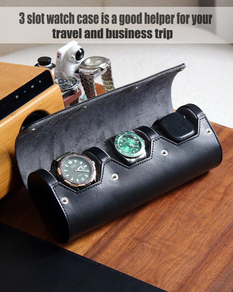 Besforu watch box organizer for mens watch case travel roll Portable 3 Watch Display Storage with Velvet Sections to Holder Large Watch (Black) - Image 2
