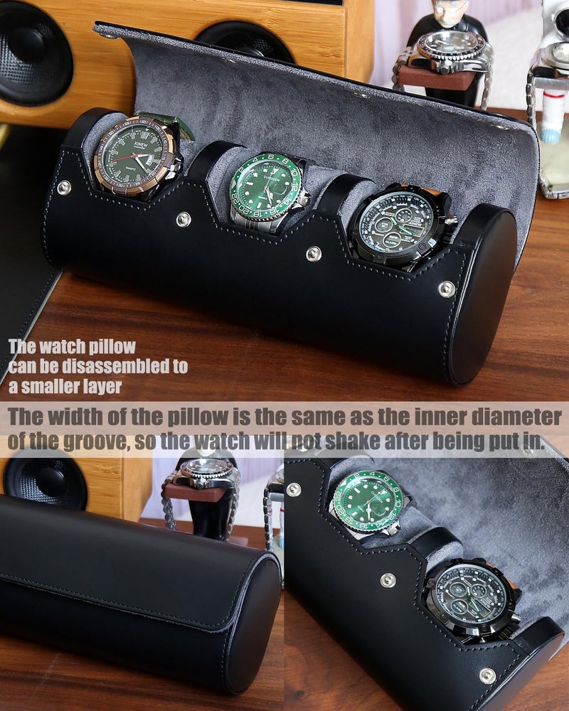 Besforu watch box organizer for mens watch case travel roll Portable 3 Watch Display Storage with Velvet Sections to Holder Large Watch (Black) - Image 4