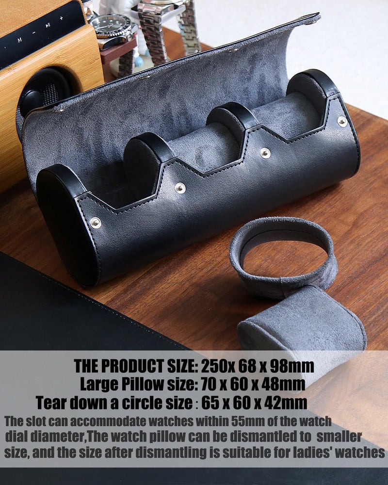 Besforu watch box organizer for mens watch case travel roll Portable 3 Watch Display Storage with Velvet Sections to Holder Large Watch (Black) - Image 3