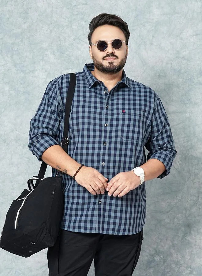 تايك تو قميص رجالي بمقاس كبير كاجوال بأكمام طويلة بنقشة مربعات أزرق