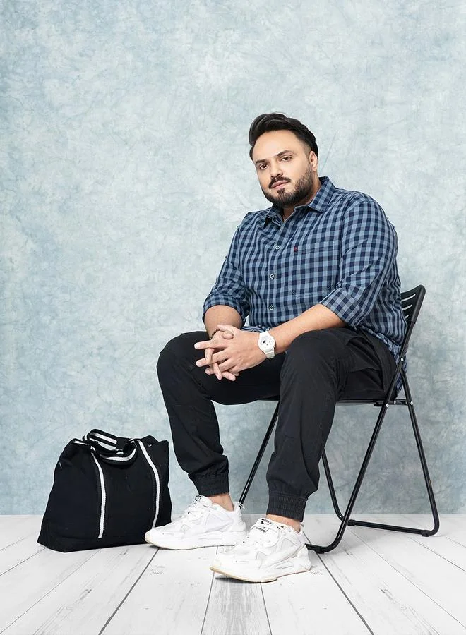 تايك تو قميص رجالي بمقاس كبير كاجوال بأكمام طويلة بنقشة مربعات أزرق