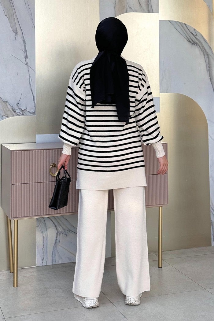 Bym Fashion Collar Tie Detailed Tunic and Trousers Two Piece Knitwear Set 2-1515 Stone  - Image 2