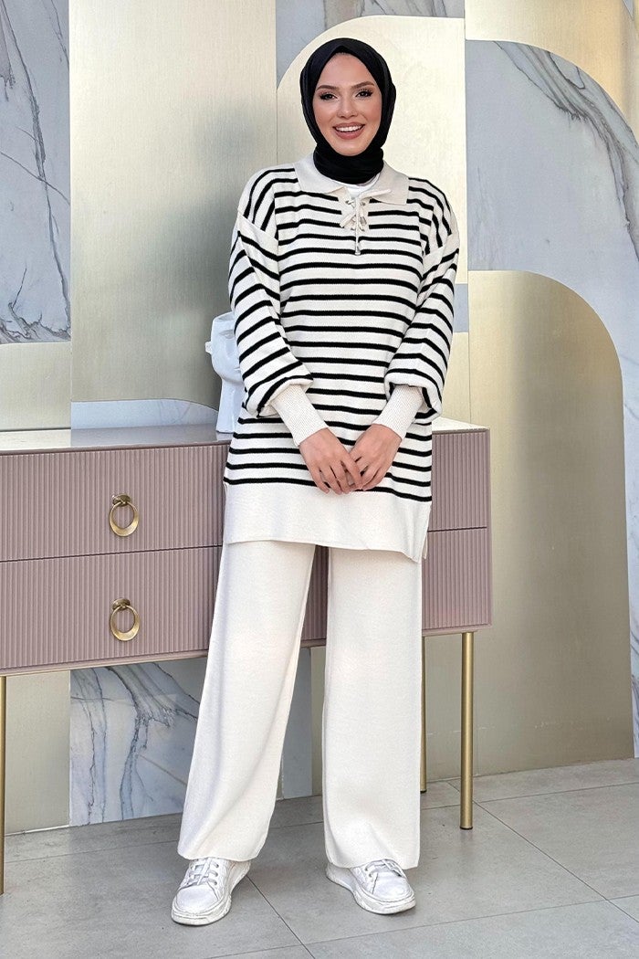 Bym Fashion Collar Tie Detailed Tunic and Trousers Two Piece Knitwear Set 2-1515 Stone  - Image 1