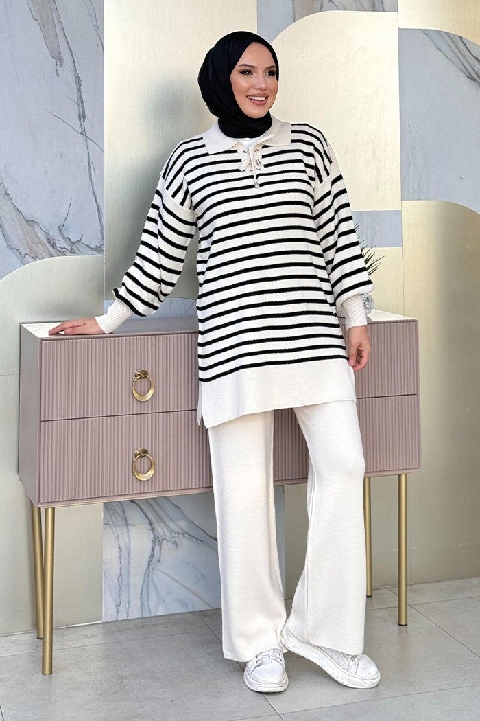 Bym Fashion Collar Tie Detailed Tunic and Trousers Two Piece Knitwear Set 2-1515 Stone  - Image 3