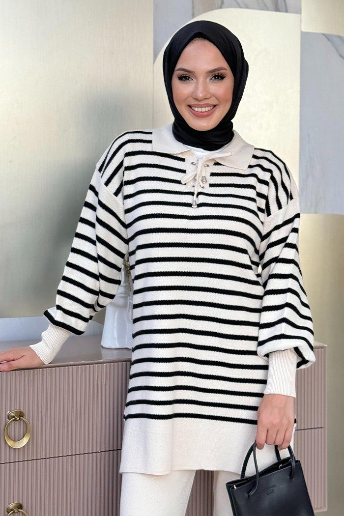 Bym Fashion Collar Tie Detailed Tunic and Trousers Two Piece Knitwear Set 2-1515 Stone  - Image 4