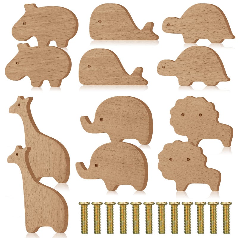 Qunclay Wooden Animal Cabinet Knobs Decorative Wood Dresser Knobs with Screws Dresser Pulls Marine Woodland Natural Wild Animals Pulls Handles Nursery for Home Furniture Decor(Zoo,12 Set) - Image 1