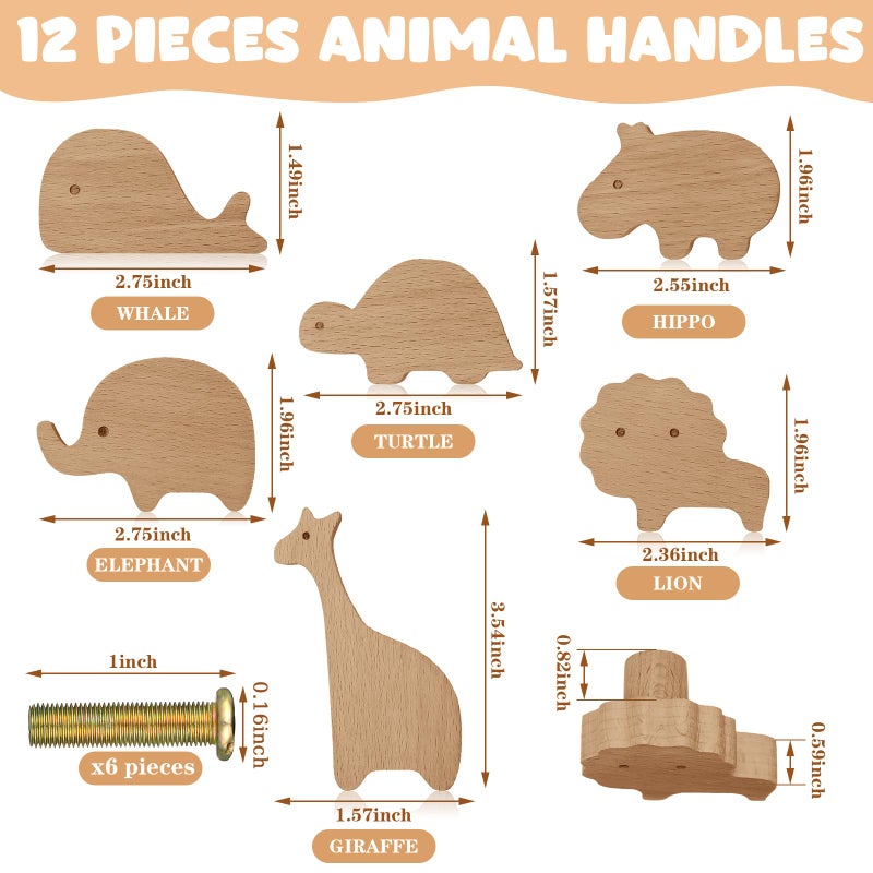 Qunclay Wooden Animal Cabinet Knobs Decorative Wood Dresser Knobs with Screws Dresser Pulls Marine Woodland Natural Wild Animals Pulls Handles Nursery for Home Furniture Decor(Zoo,12 Set) - Image 2
