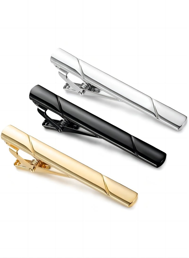 Men's Tie Clips 3-Pack Classic Tie Tack Clips, Simple Metal Tie Bar - Black, Gold, Silver, For Wedding, Business, And Daily Use - Image 1