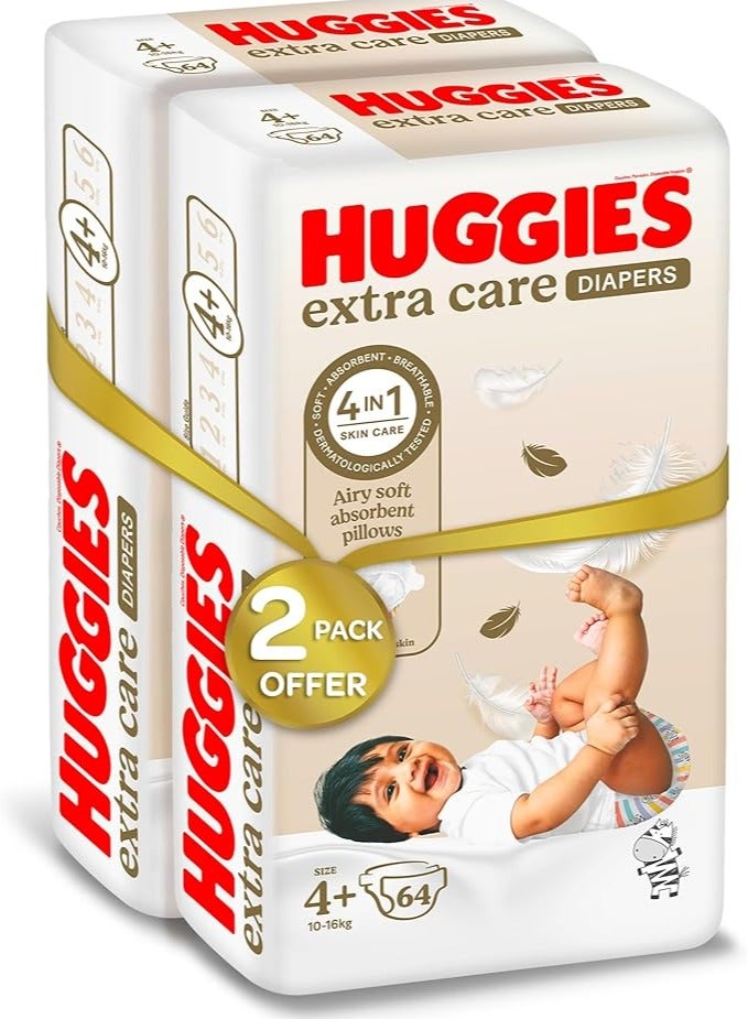 هجيز Huggies Extra Care, Size 4+, 10 -16 kg, Twin Jumbo Pack, 128 Diapers - Image 2
