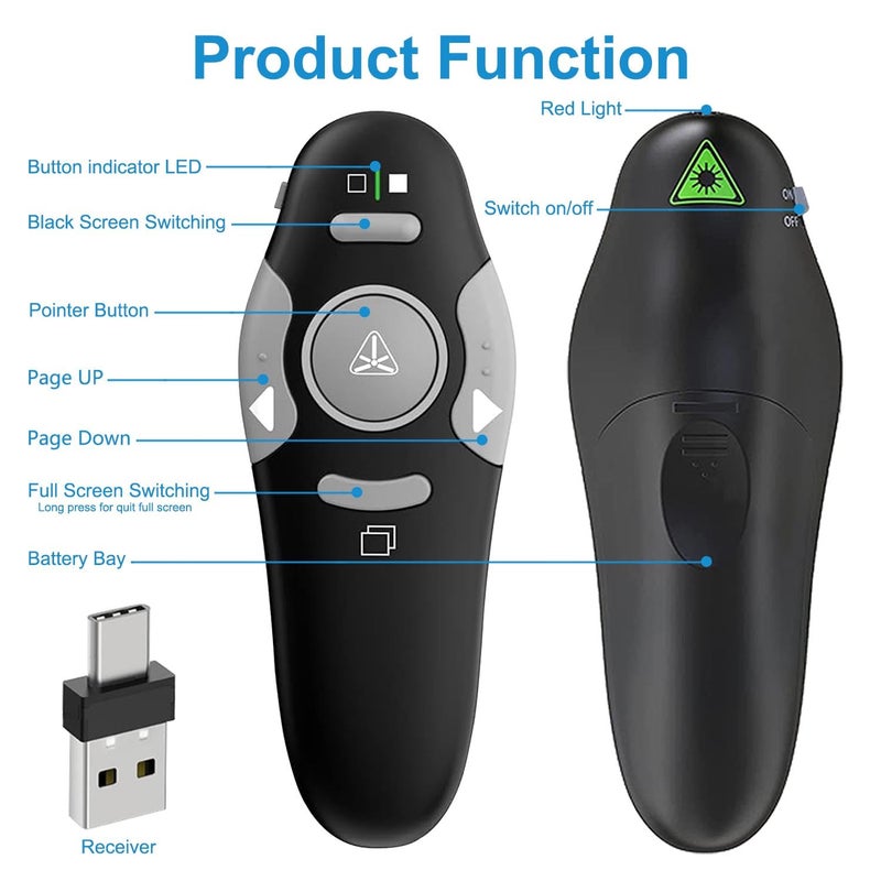 VOVIGGOL USB/Type-C 2 in 1 Presentation Clicker for PowerPoint Presentation Remote, 2.4GHz Wireless Presenter Remote USB Google Slide Advancer PPT PowerPoint Clicker for Mac, Computer, Laptop - Image 3