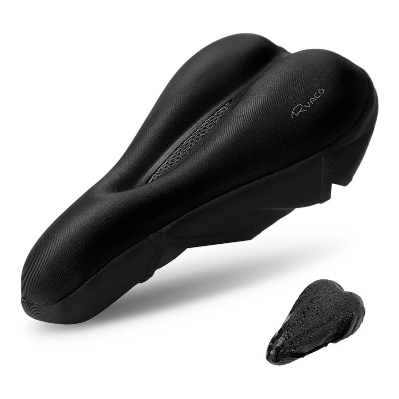 Ryaco Gel Bike Seat Cushion Cover - Breathable Comfortable Bicycle Saddle Cover Black with Water&Dust Resistant Cover Fits Spin, Stationary Exercise Bike, Outdoor or Indoor Cycling - Image 1