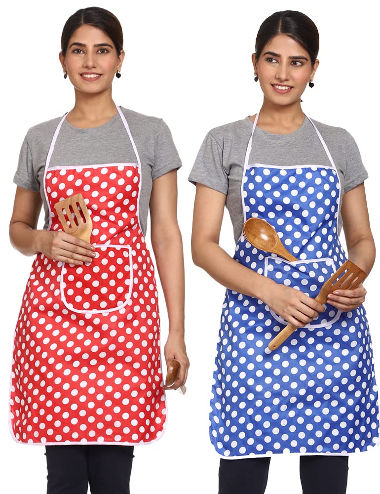JMi Polyester Fabric Polka Dot Waterproof Apron with Long Ties & Multipurpose Large Pocket Free Size For Cooking Dusting Home Kitchen Restaurant Multipurpose for Men & Women Unisex Apron. (Pack of 2) - Image 1