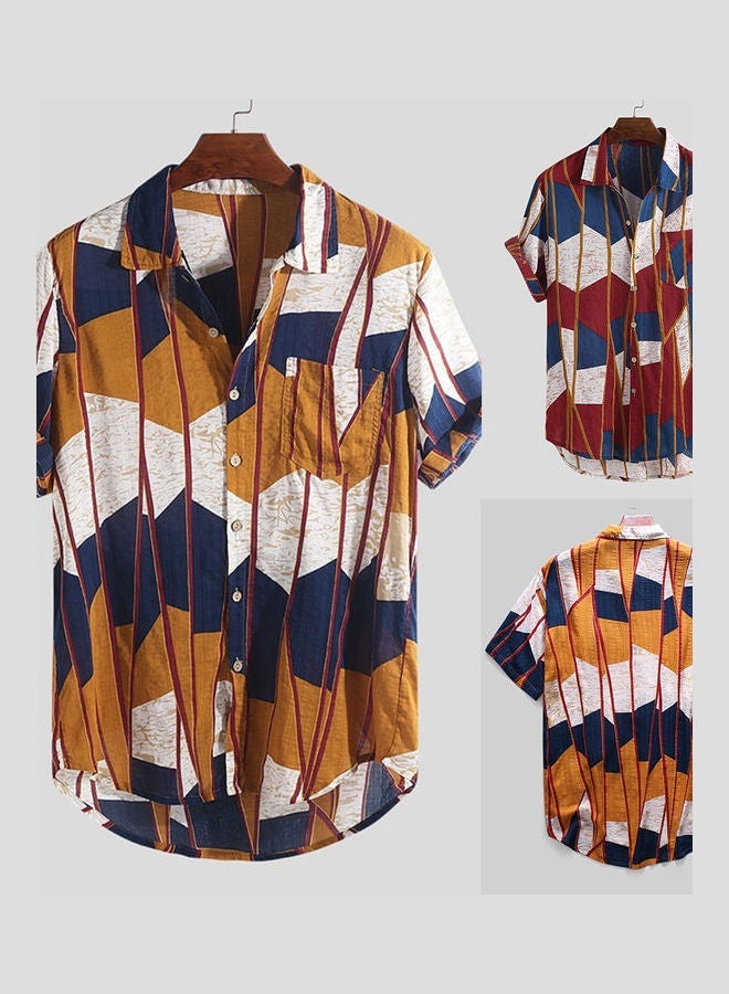 NIBEMINENT Summer Beach Men Colour Block Striped Short Sleeve Shirt Button Down Top Multicolour - Image 2