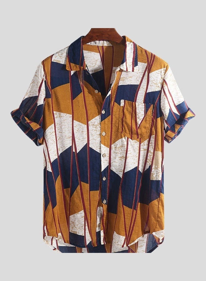 NIBEMINENT Summer Beach Men Colour Block Striped Short Sleeve Shirt Button Down Top Multicolour - Image 3