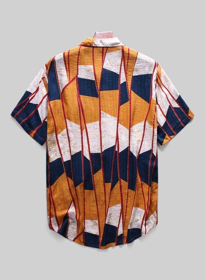 NIBEMINENT Summer Beach Men Colour Block Striped Short Sleeve Shirt Button Down Top Multicolour - Image 4