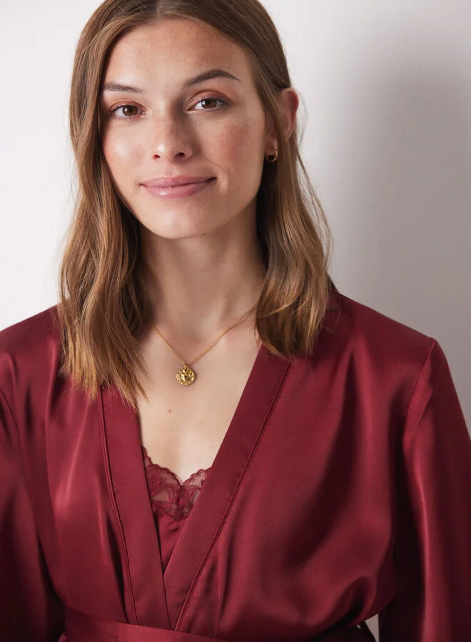 women'secret Garnet Satin Robe, Top And Pyjamas Trouser Set