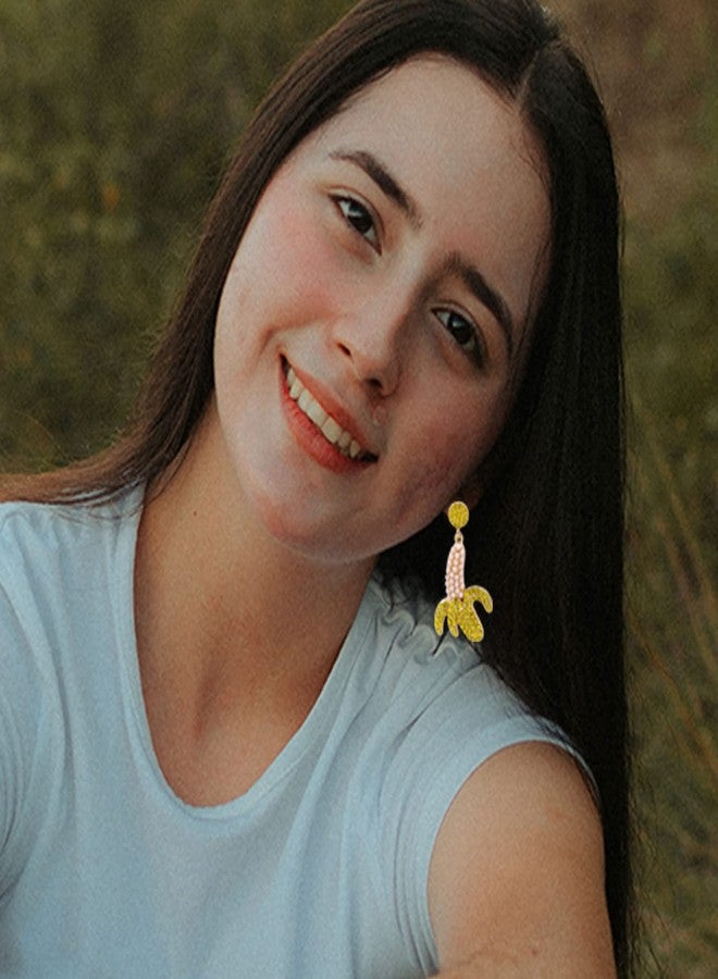 Frodete Banana Earrings Fruit Crystal Earrings Pearl Round Stud Earrings Food Mimic Yellow Banana Pendant Stud Earrings women Jewelry - Image 3