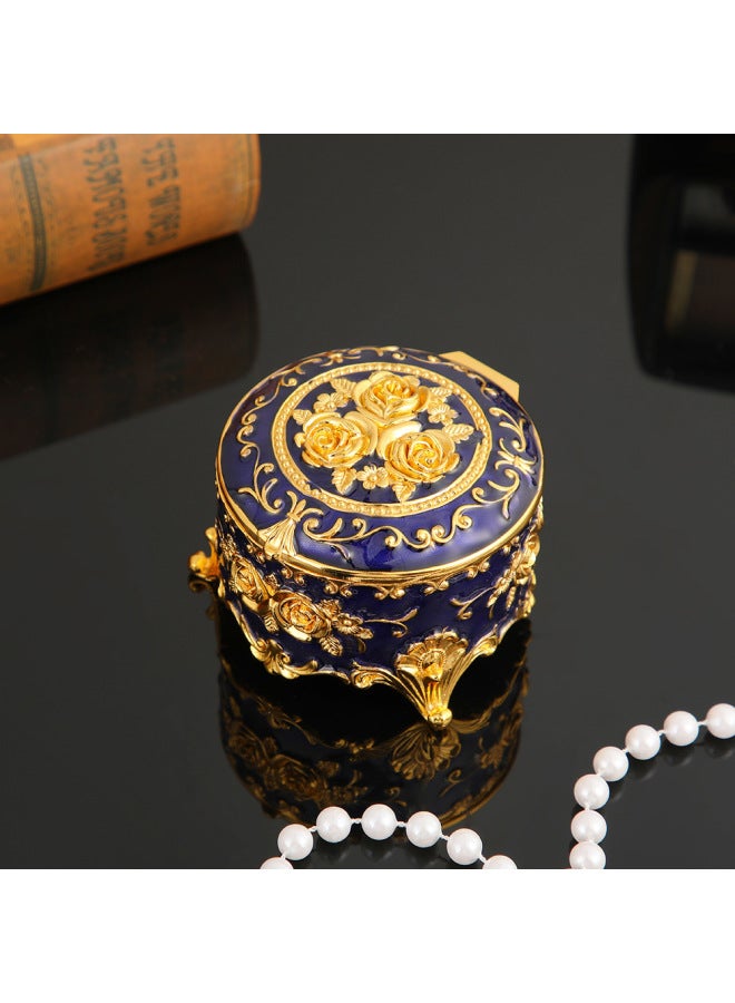 8*8*5cm | Enamel Rose Jewelry Box in Royal Blue | Intricate Embossed Design, Velvet Lining Interior, Decorative Home Décor | Organized Storage for Necklaces, Rings, Earrings | Elegant Gift for Women & Home - Image 1