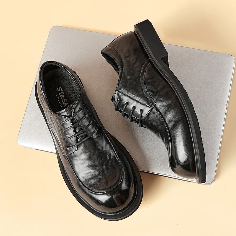 JD Jing Zao St&Sat Men's Shoes, Top-Grain Leather, Formal Business Dress Shoes, Lace-Up, Commuter-Friendly, Lightweight Casual Leather Shoes for Men, Black, Size 40 - Image 4