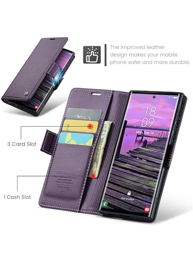 حافظة جلدية لهاتف Samsung Galaxy S25 Ultra مع حمالة بطاقات الائتمان وتقنية حجب الهوية ومسند قابل للطي ومشبك مغناطيسي، للرجال والنساء، باللون الأرجواني - Image 3