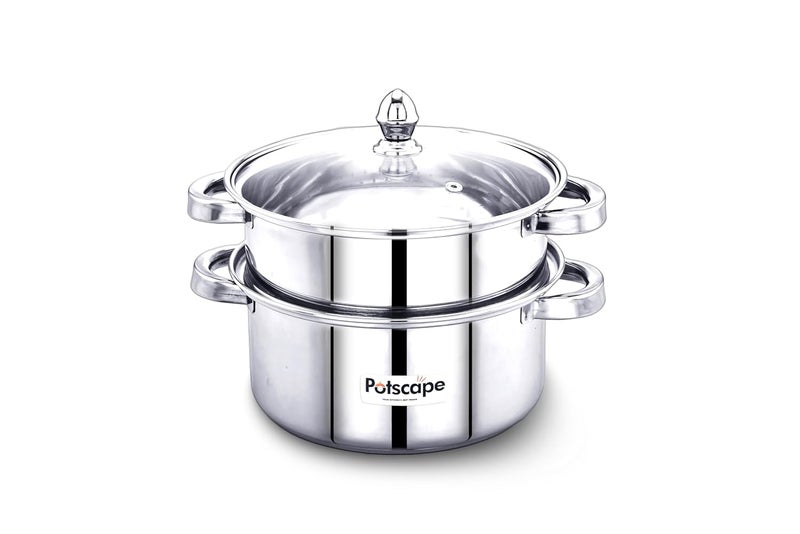 Potscape Stainless Steel Cruise Double Decker 2Tier Steamer 24 cm Capacity 38 LTR Gas and Induction Compactible Dishwasher Safe Multi Cooking Momos Modak Maker Steamer 2 Year Warranty - Image 1