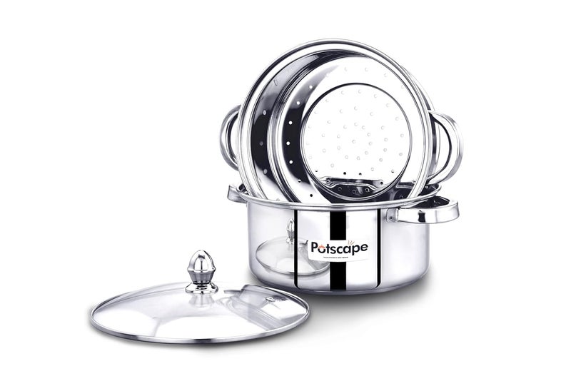 Potscape Stainless Steel Cruise Double Decker 2Tier Steamer 24 cm Capacity 38 LTR Gas and Induction Compactible Dishwasher Safe Multi Cooking Momos Modak Maker Steamer 2 Year Warranty - Image 2