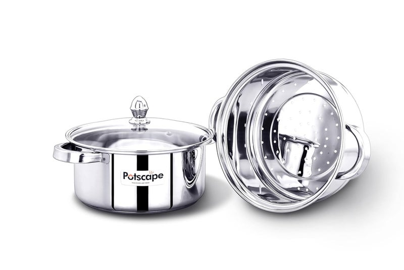 Potscape Stainless Steel Cruise Double Decker 2Tier Steamer 24 cm Capacity 38 LTR Gas and Induction Compactible Dishwasher Safe Multi Cooking Momos Modak Maker Steamer 2 Year Warranty - Image 3