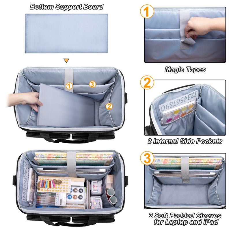 CURMIO Rolling Scrapbook Tote on Wheels, Scrapbook Storage Bag with Detachable Trolley and Bottom Wooden Board, Rolling Craft Bag for Scrapbooking Supplies, Black - Image 2