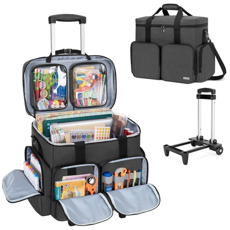 CURMIO Rolling Scrapbook Tote on Wheels, Scrapbook Storage Bag with Detachable Trolley and Bottom Wooden Board, Rolling Craft Bag for Scrapbooking Supplies, Black - Image 1