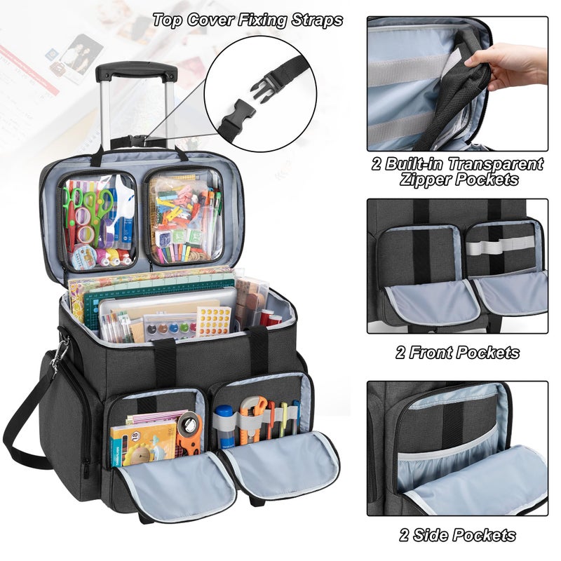 CURMIO Rolling Scrapbook Tote on Wheels, Scrapbook Storage Bag with Detachable Trolley and Bottom Wooden Board, Rolling Craft Bag for Scrapbooking Supplies, Black - Image 3