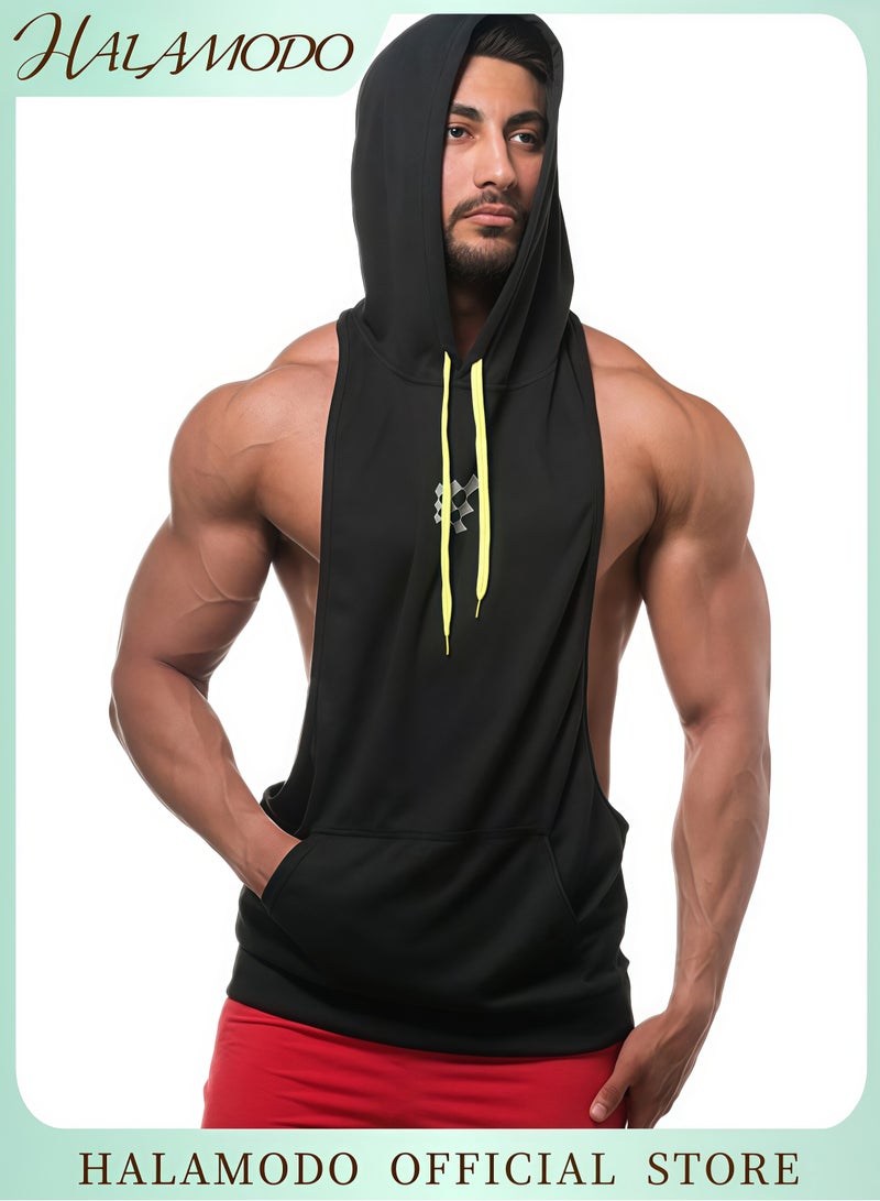 HALAMODO Men's Workout Hooded Tank Tops Sports Training Sleeveless Gym Hoodies Bodybuilding Cut-Off Muscle Shirts for Fitness and Strength Training - Image 1