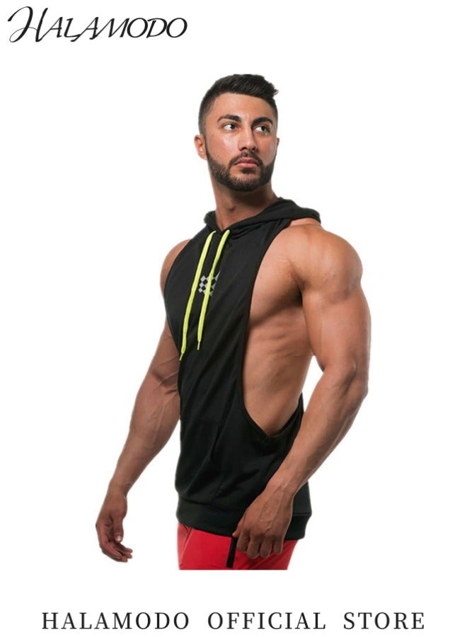 HALAMODO Men's Workout Hooded Tank Tops Sports Training Sleeveless Gym Hoodies Bodybuilding Cut-Off Muscle Shirts for Fitness and Strength Training - Image 2