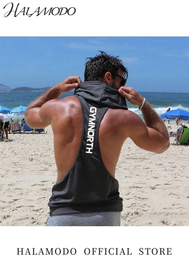 HALAMODO Men's Workout Hooded Tank Tops Sports Training Sleeveless Gym Hoodies Bodybuilding Cut-Off Muscle Shirts for Fitness and Strength Training - Image 4