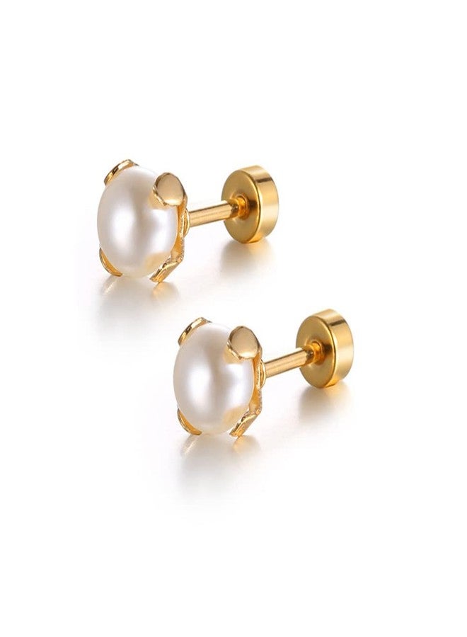 Dtja Titanium Shell Pearl Earrings for Women Gold-Tone 8mm Pearls Ball Tiny Stud Cartilage Tragus Screw Back Post Piercing Sensitive Ear, Metal, No Gemstone - Image 1